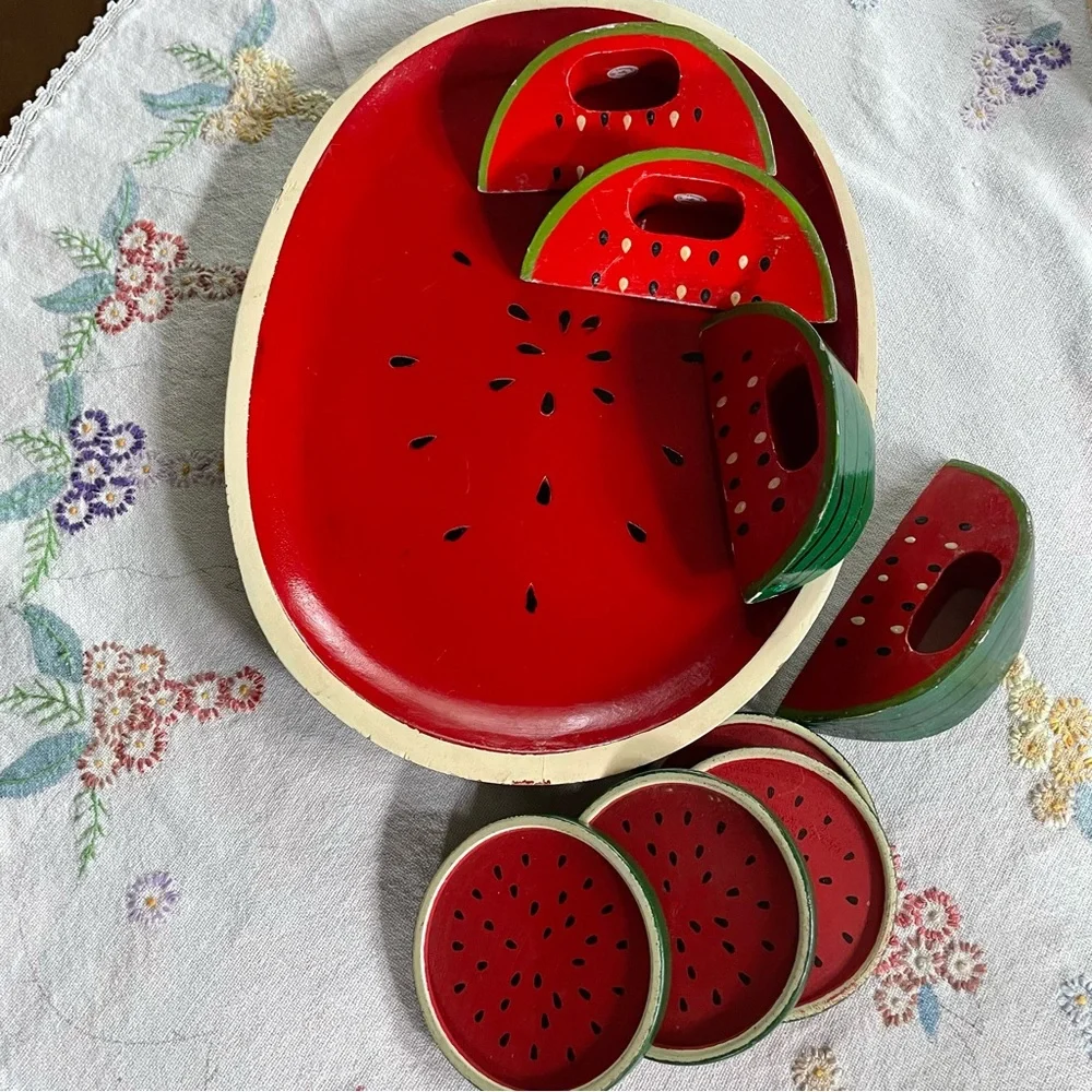 Vintage Wooden Watermelon Cocktail Tray Set. 4 Coasters & 4 Napkin Holders. 14